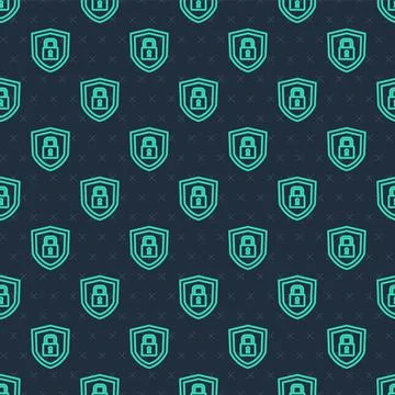 Green line Shield security with lock icon isolated seamless pattern on blue Stock Illustration