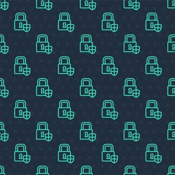 Green line Shield security with lock icon isolated seamless pattern on blue b Stock Illustration