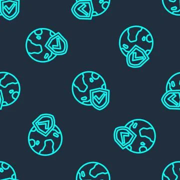 Green line Shield with world globe icon isolated seamless pattern on blue Stock Illustration