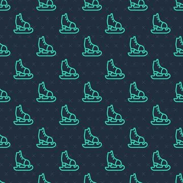 Green line Skates icon isolated seamless pattern on blue background. Ice skat Stock Illustration