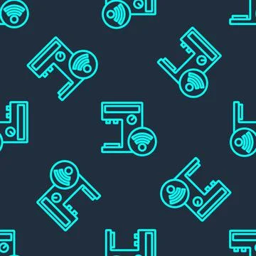 Green line Smart coffee machine system icon isolated seamless pattern on blue Stock Illustration