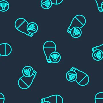 Green line Smart light bulb system icon isolated seamless pattern on blue Illustrazione stock