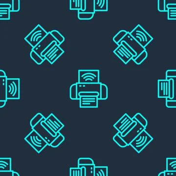 Green line Smart printer system icon isolated seamless pattern on blue Stock Illustration