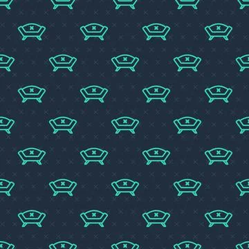 Green line Sofa icon isolated seamless pattern on blue background. Vector 스톡 일러스트