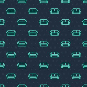 Green line Sofa icon isolated seamless pattern on blue background. Vector 스톡 일러스트