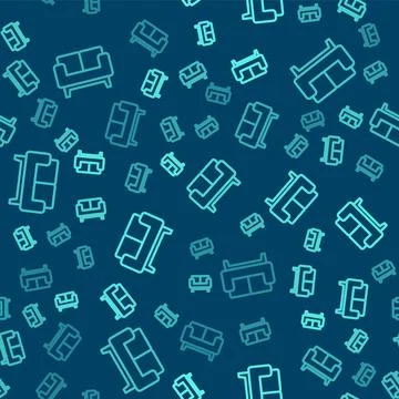 Green line Sofa icon isolated seamless pattern on blue background.  Vector Illustrazione stock