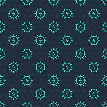 Green line Solar energy panel icon isolated seamless pattern on blue backgrou 스톡 일러스트