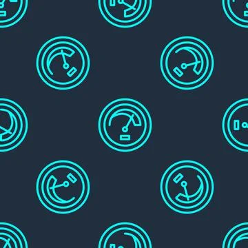 Green line Speedometer icon isolated seamless pattern on blue background. Vector Stock Illustration