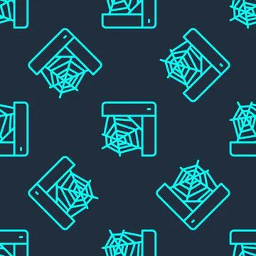 Green line Spider web icon isolated seamless pattern on blue background. Cobweb Stock Illustration