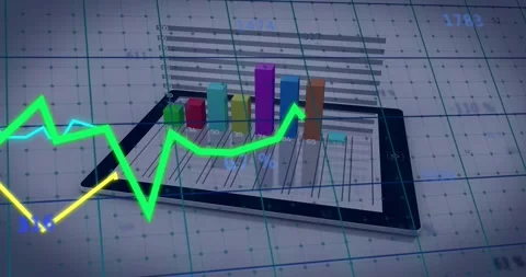 Green line starting animation, tablet displaying 3D bars rising and tracing data Stock Footage 328331054