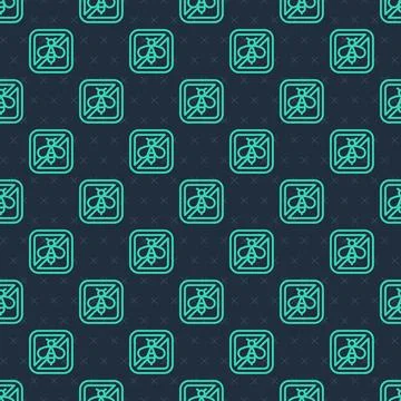 Green line Stop bee icon isolated seamless pattern on blue background. Sweet 스톡 일러스트