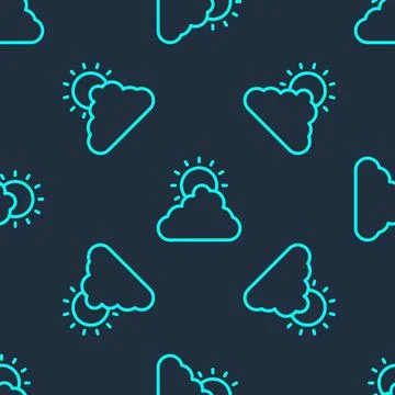 Green line Sun and cloud weather icon isolated seamless pattern on blue Stockillustratie