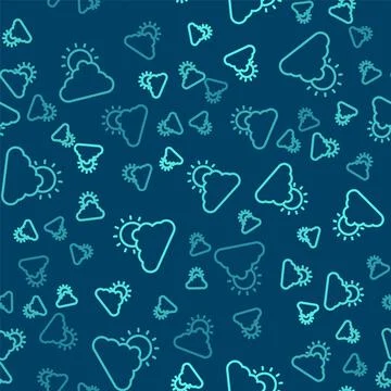 Green line Sun and cloud weather icon isolated seamless pattern on blue Illustrazione stock