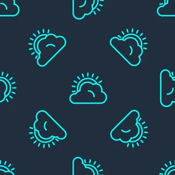 Green line Sun and cloud weather icon isolated seamless pattern on blue Illustrazione stock