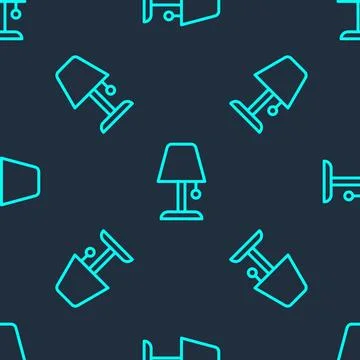Green line Table lamp icon isolated seamless pattern on blue background. Nigh 스톡 일러스트