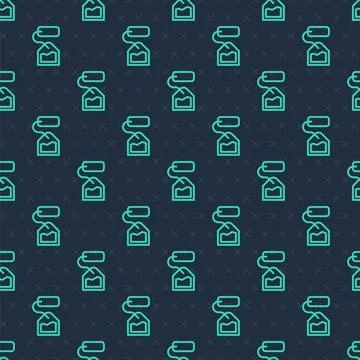 Green line Tea bag icon isolated seamless pattern on blue background. Vector Stock Illustration