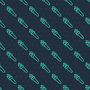 Green line Torch flame icon isolated seamless pattern on blue background. Symbol 스톡 일러스트