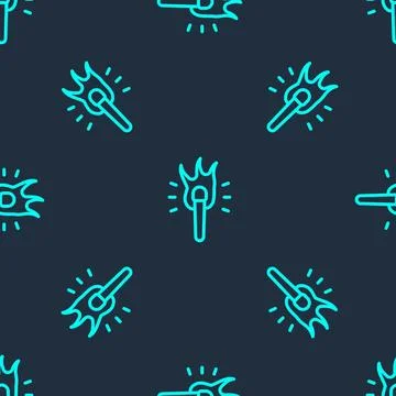 Green line Torch flame icon isolated seamless pattern on blue background. Symbol 스톡 일러스트