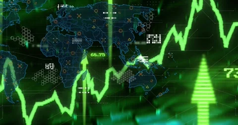 Green line tracing map outline revealing world map, arrows surging and hex grids Stock Footage 318142882