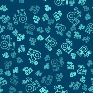 Green line Tractor icon isolated seamless pattern on blue background. Vector Stock Illustration