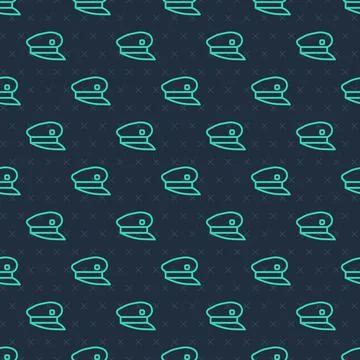 Green line Train driver hat icon isolated seamless pattern on blue background Stock Illustration