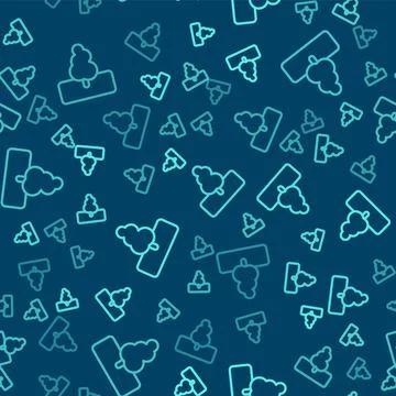Green line Tree icon isolated seamless pattern on blue background. Forest symbol Stock Illustration