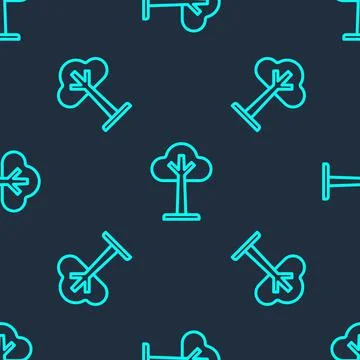 Green line Tree icon isolated seamless pattern on blue background. Forest symbol 스톡 일러스트