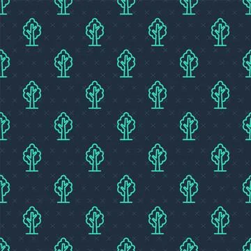 Green line Tree icon isolated seamless pattern on blue background. Forest sym Illustrazione stock