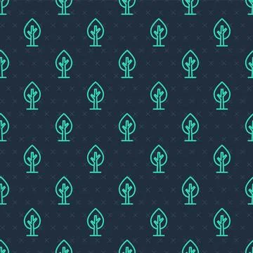 Green line Tree icon isolated seamless pattern on blue background. Forest s.. Stock Illustration