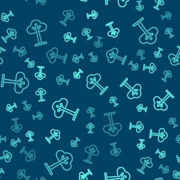 Green line Tree icon isolated seamless pattern on blue background. Forest s.. Stock Illustration