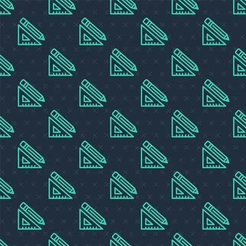 Green line Triangular ruler and pencil icon isolated seamless pattern on blue Stockillustratie
