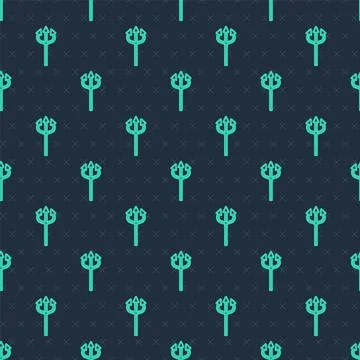 Green line Trident devil icon isolated seamless pattern on blue background Stock Illustration