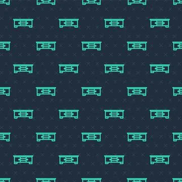 Green line TV table stand icon isolated seamless pattern on blue background Stock Illustration
