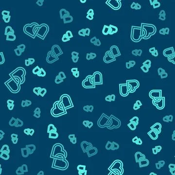 Green line Two Linked Hearts icon isolated seamless pattern on blue backgro.. Ilustración de archivo