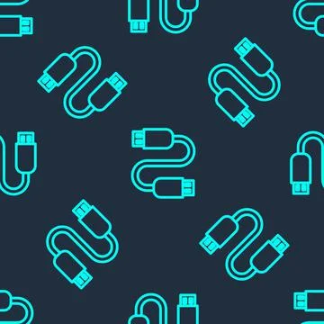 Green line USB cable cord icon isolated seamless pattern on blue background Stock Illustration