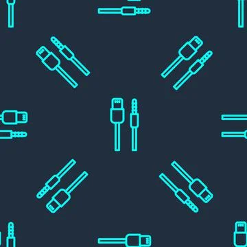 Green line USB cable cord icon isolated seamless pattern on blue background.  Illustrazione stock