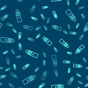 Green line Vape mod device icon isolated seamless pattern on blue backgroun.. Illustrazione stock