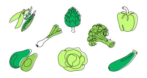 Green line vegetable. Continuous monoline healthy food, pepper artichoke peas Stock Illustration