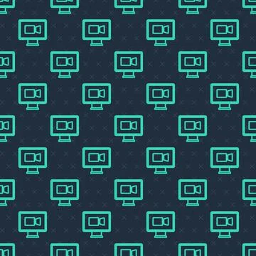 Green line Video chat conference icon isolated seamless pattern on blue Stock Illustration