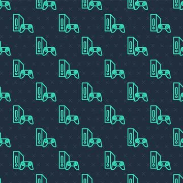 Green line Video game console with joystick icon isolated seamless pattern on 库存插图