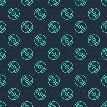 Green line Vinyl disk icon isolated seamless pattern on blue background. Vector Illustrazione stock