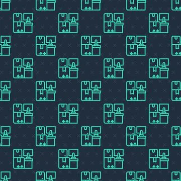 Green line Warehouse interior with boxes on racks icon isolated seamless pattern Illustrazione stock