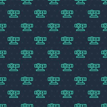 Green line Web camera icon isolated seamless pattern on blue background. Chat 스톡 일러스트