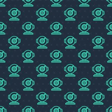 Green line Web camera icon isolated seamless pattern on blue background. Chat Illustrazione stock