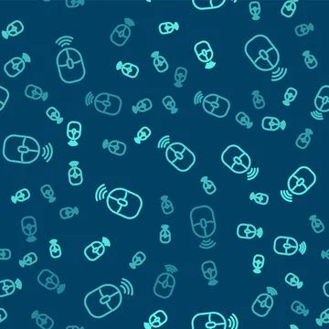 Green line Wireless computer mouse icon isolated seamless pattern on blue bac Illustrazione stock