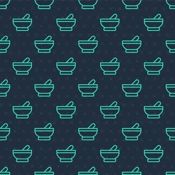 Green line Witch cauldron icon isolated seamless pattern on blue background Stock Illustration