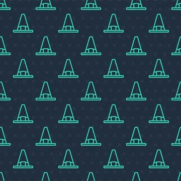 Green line Witch hat icon isolated seamless pattern on blue background. Happy Stock Illustration
