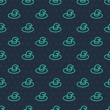 Green line Witch hat icon isolated seamless pattern on blue background. Happy Stock Illustration