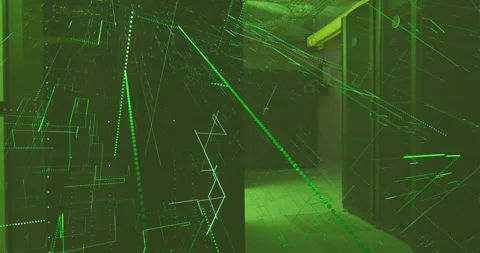 Green lines initiating in rack corridor forming circuit drifting between servers Stock Footage 314867606
