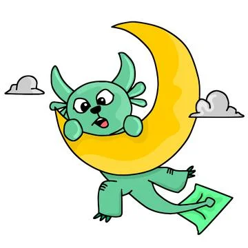 A green lizard hanging from the crescent moon Stock Illustration